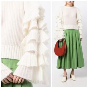 Aje Alpaca Wool Ruffle Sleeve White Sweater XS Designer Statement Knit